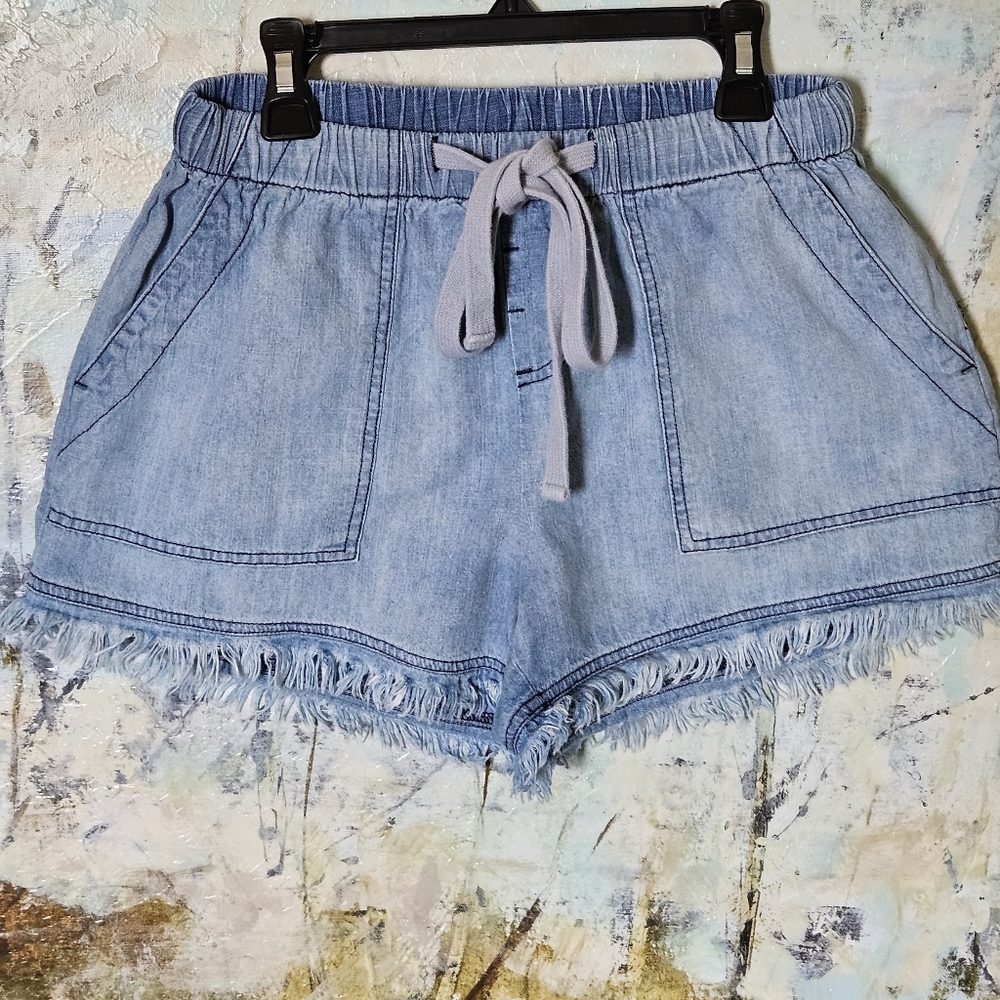 VICI 4- Pocket Style Chambray Drawstring Elastic Waist Raw Hem Ws Shorts Sz S